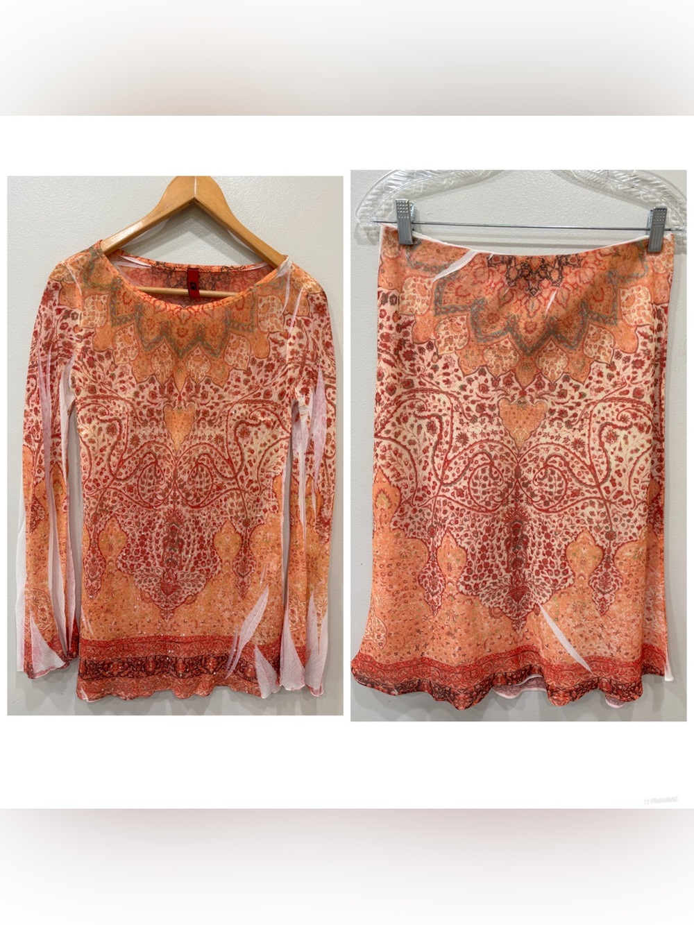 Vintage Just In Time USA Y2K Mesh Sequin Embellish Top (Small) & Skirt (Large )
